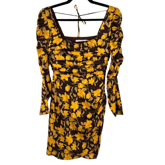 Floret Studios Floral Long Sleeve Ruched Square Neck Dress Yellow Brown XS NWOT - Picture 1 of 15